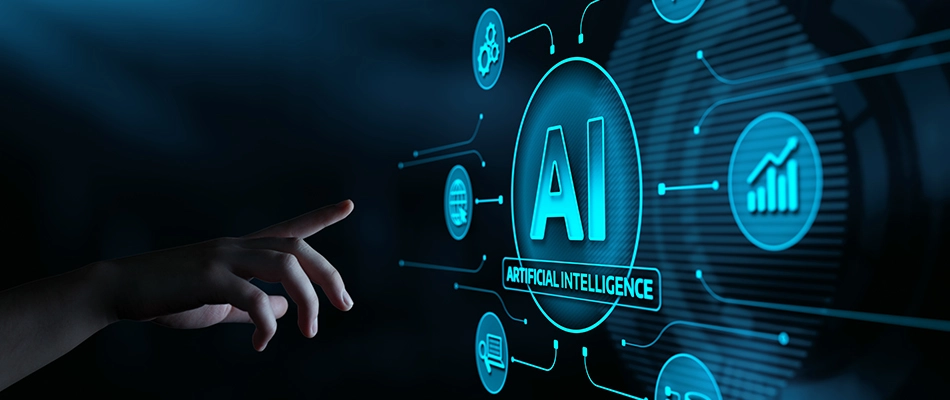 Professional using an AI interface on a digital screen to explore artificial intelligence tools and career-ready skills.