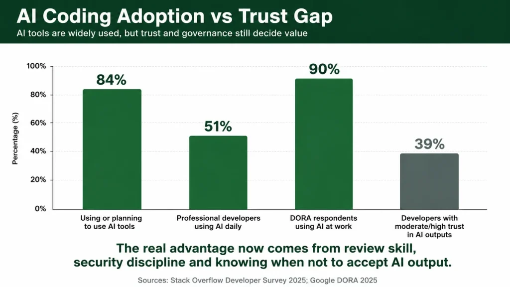 AI coding adoption and trust gap chart showing developer AI usage, daily usage and trust concerns.