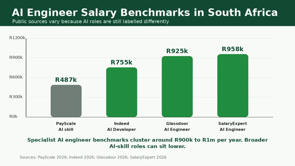 Bar chart showing AI engineer salary benchmarks in South Africa from PayScale, Indeed, Glassdoor and SalaryExpert.