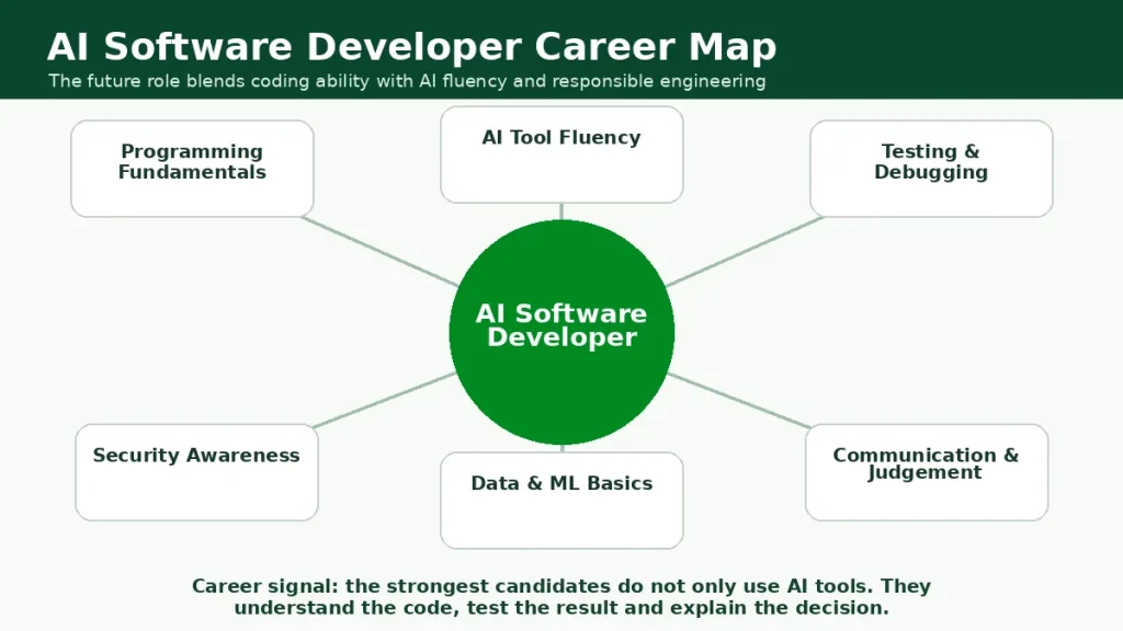 AI software developer career map showing programming, AI tool fluency, testing, security, data, communication and judgement.
