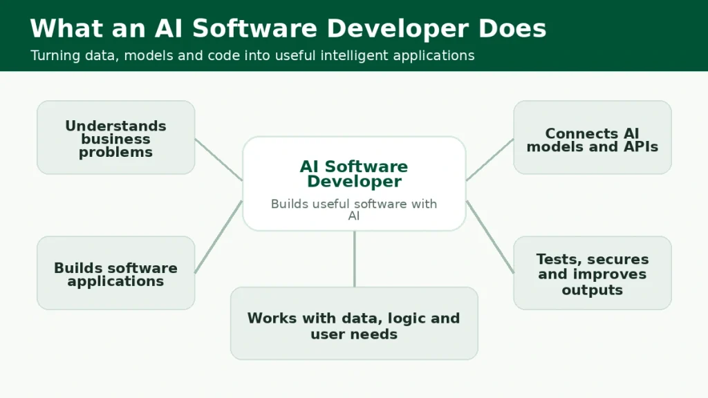 Diagram showing what an AI software developer does, including business problems, AI models, applications, data and testing.