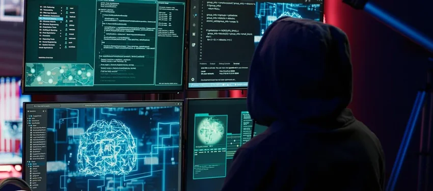 Cybersecurity professional using AI-powered tools to monitor digital threats and protect data