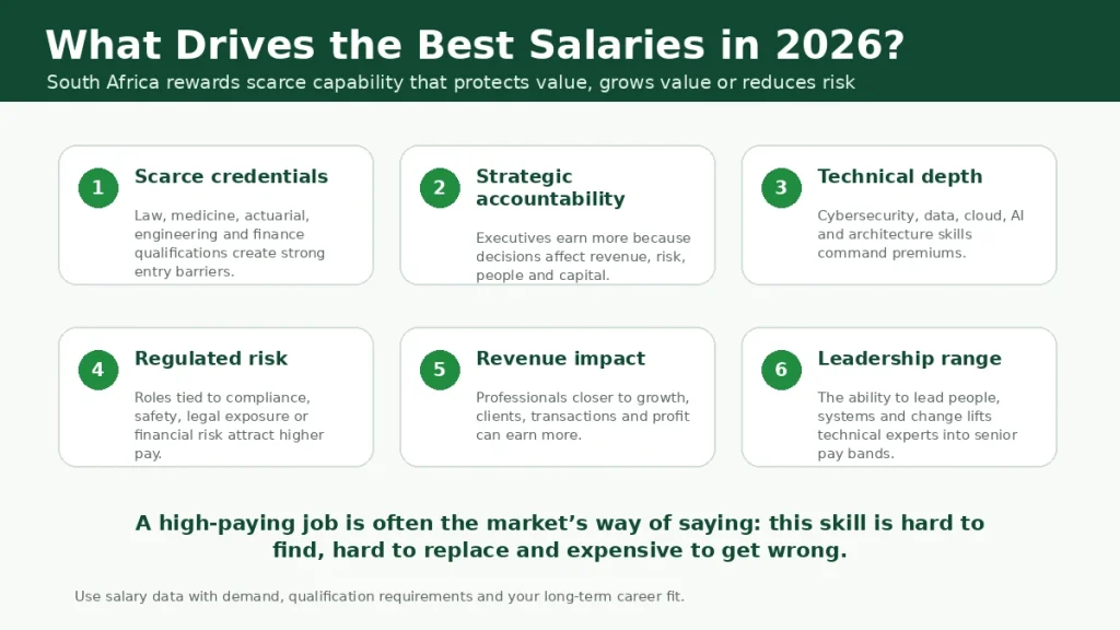 Infographic showing what drives the best salaries in South Africa, including scarce credentials, accountability, technical depth, risk and leadership.