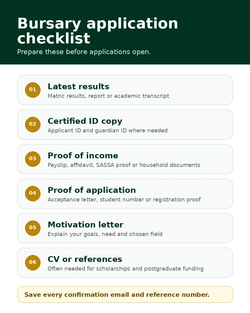 Bursary application checklist showing key documents students should prepare before applying.