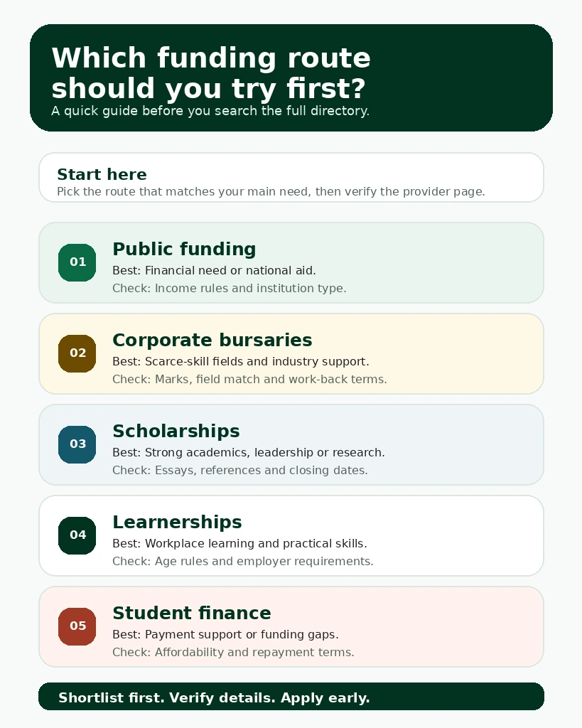 Funding route map showing public funding, corporate bursaries, scholarships, learnerships and student finance options.