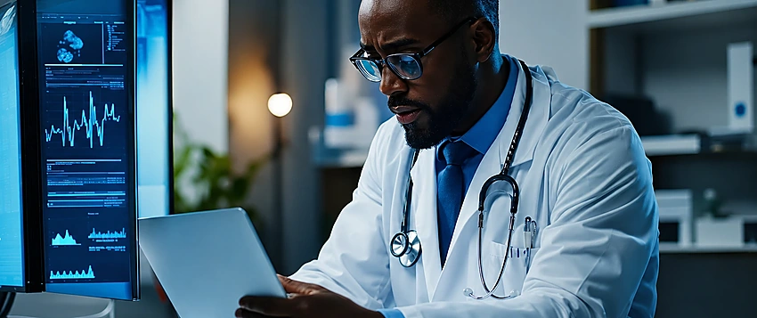 Doctor using AI in telemedicine to review digital patient data