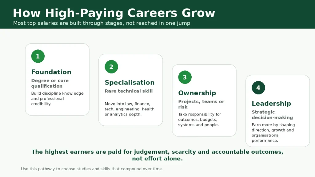 Career pathway showing how high-paying careers grow from qualification to specialisation, ownership and leadership.